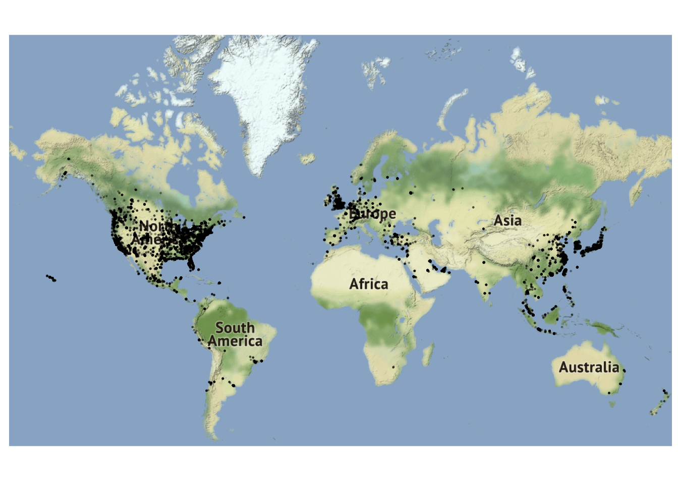 Scatterplot of Starbucks locations at time of data collection with map background. Starbucks is a global company with locations mostly in North America, Europe, and Asia.