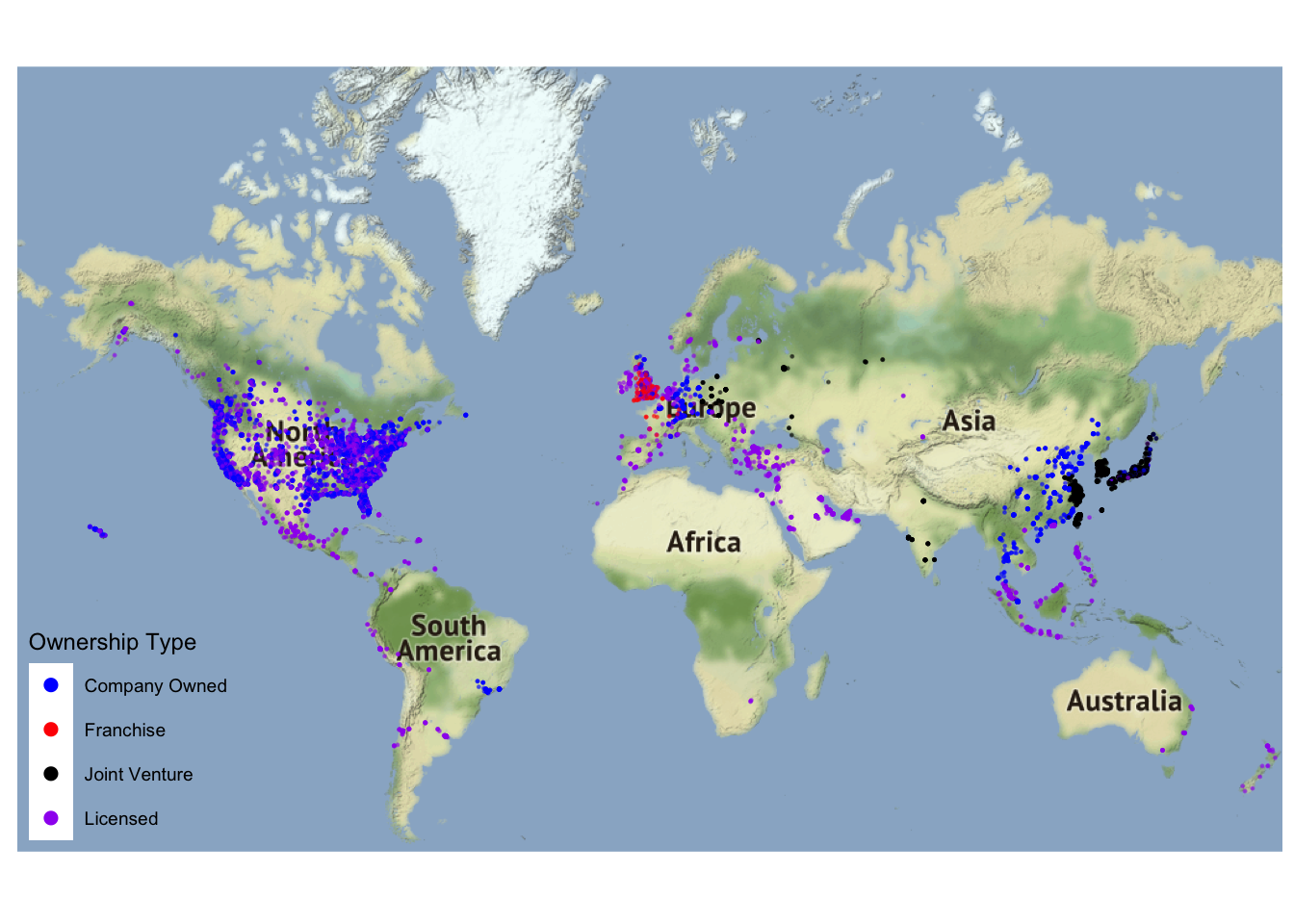 Map of Starbucks locations colored by ownership type. Most locations are company owned or licensed, some European locations are franchises, and joint ventures are only in Asia.