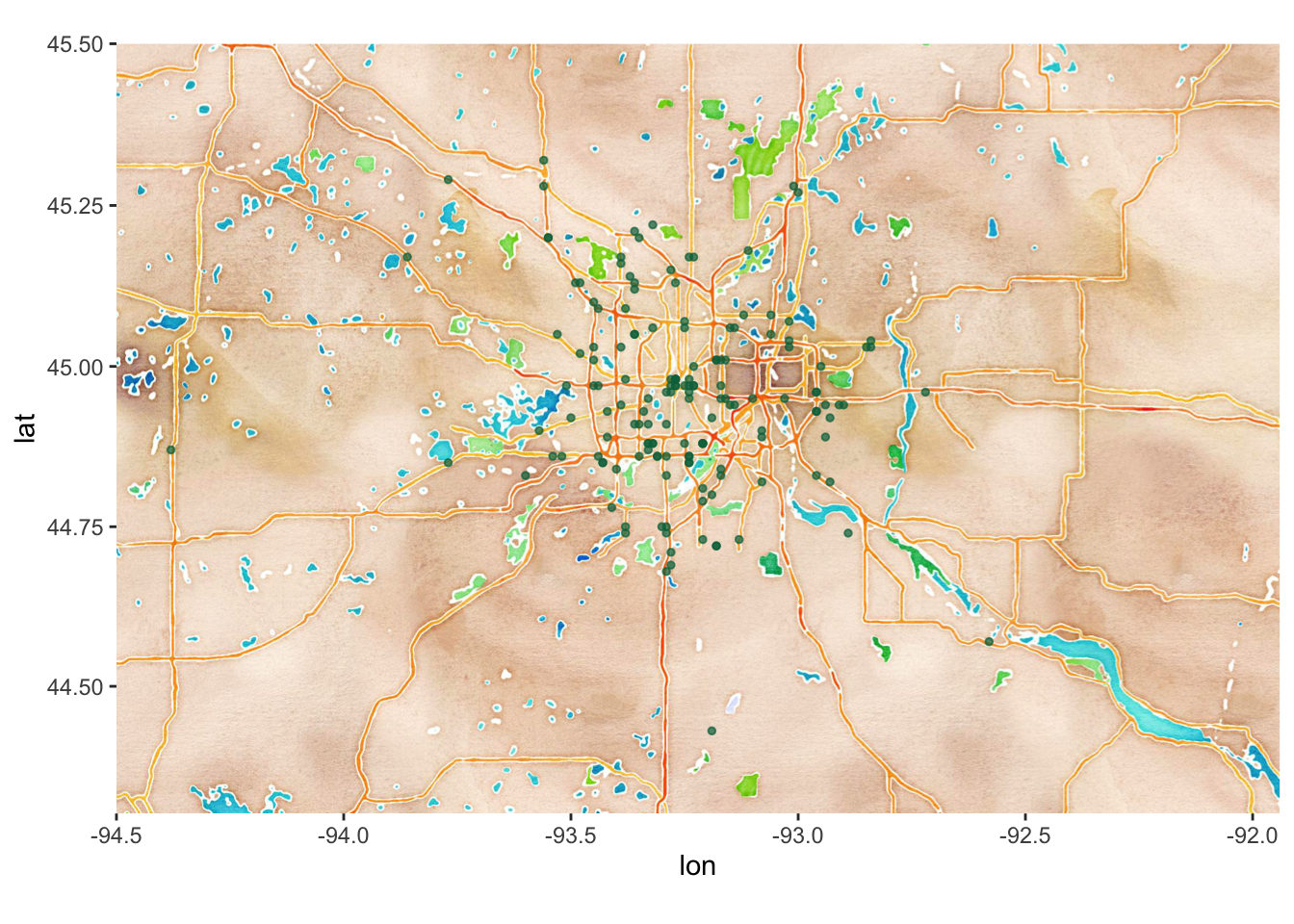 Map of Starbucks locations in the Twin Cities. Most locations are in the city centers or along major highways.