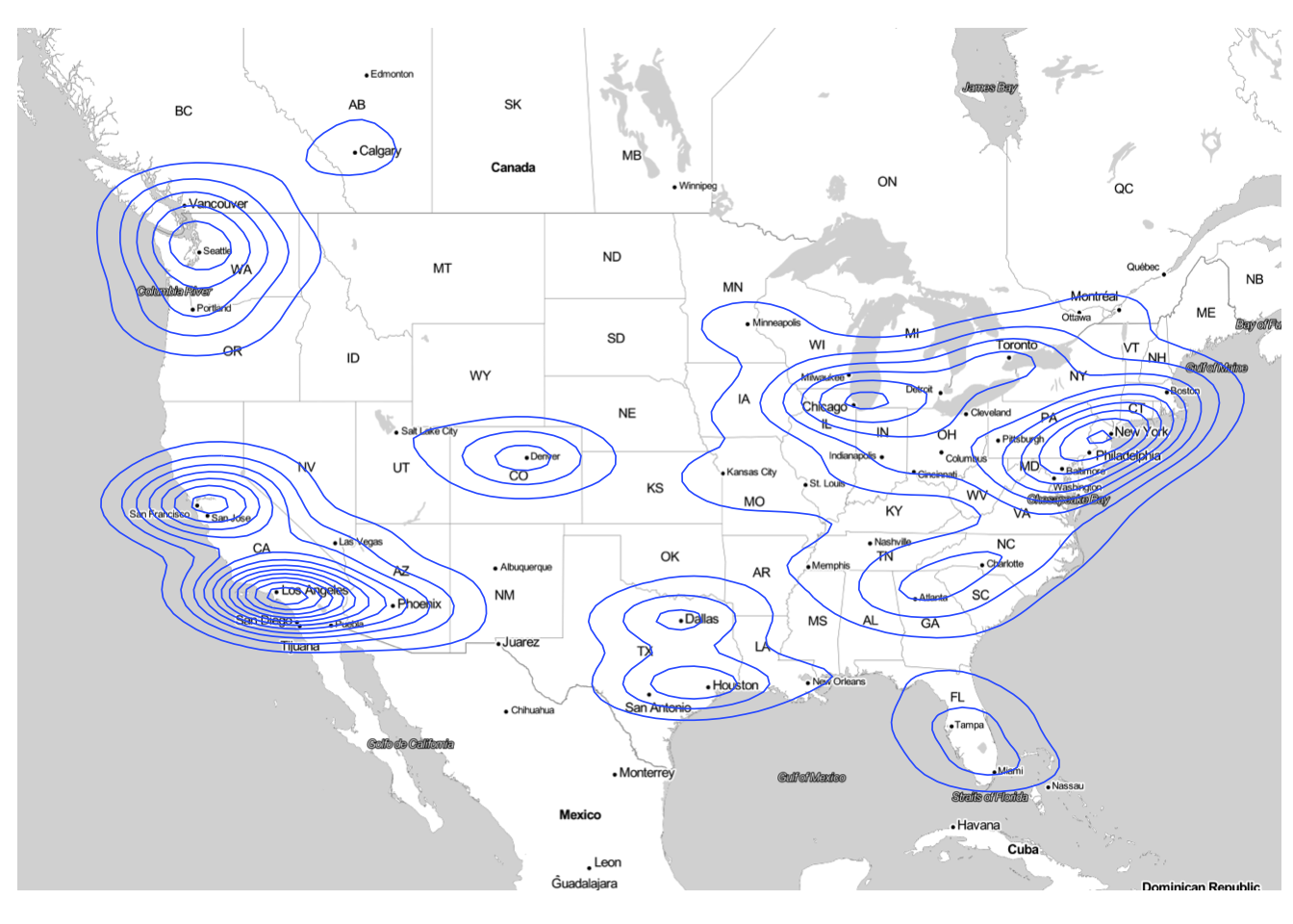 Contour map of Starbucks locations in the continental US. Most locations are in Northeast and California.
