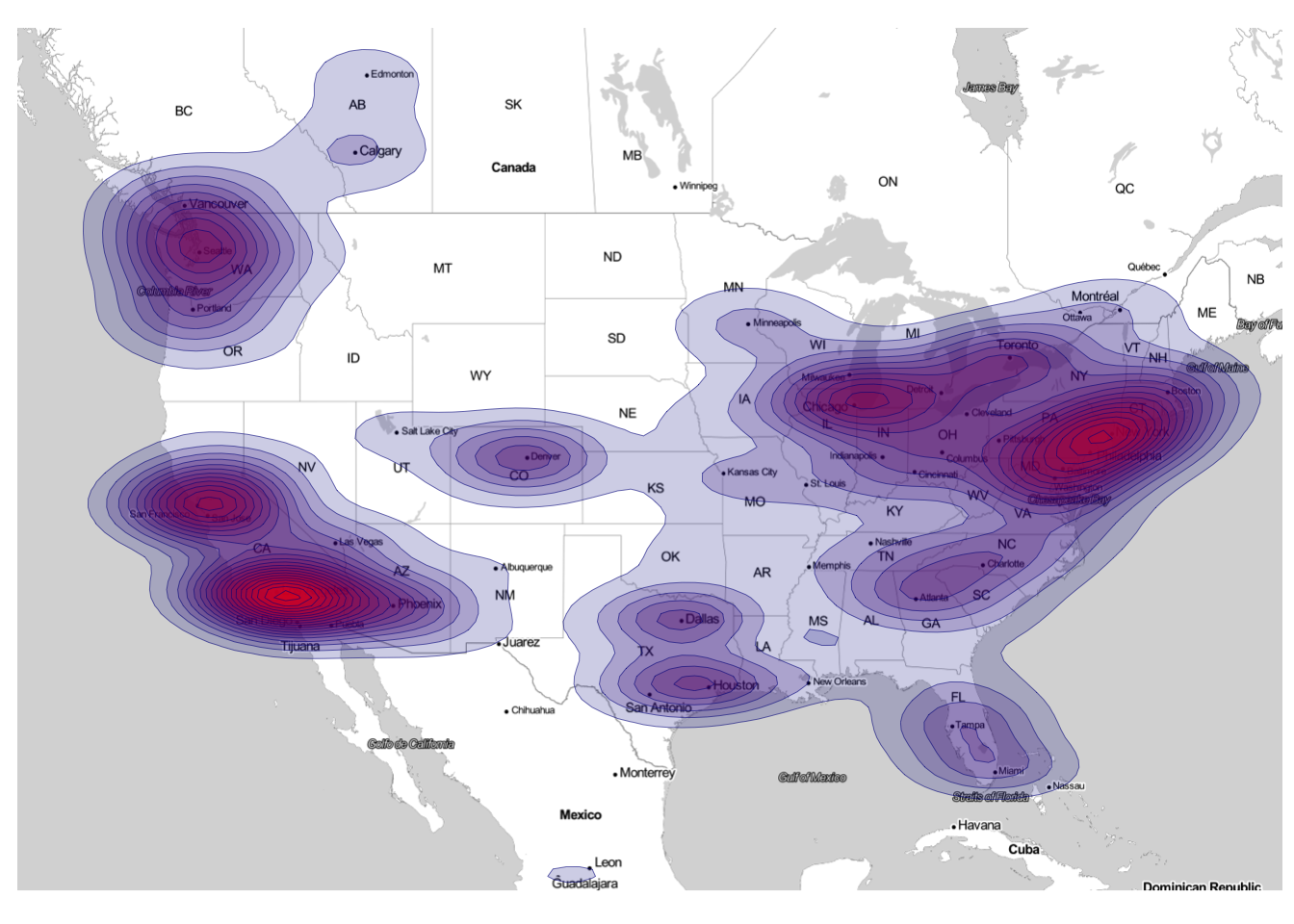 Density map of Starbucks locations in the continental US. Most locations are in Northeast and California.